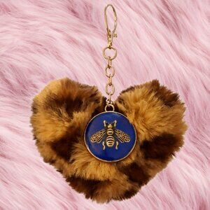 UPCYCLED Faux Fur Heart Pom-Pom Keychain with Bronze & Blue Bee Charm